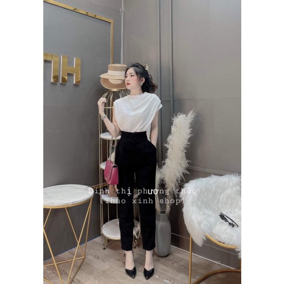 Áo sơ mi trắng, quần baggy vải đen thảo xinh