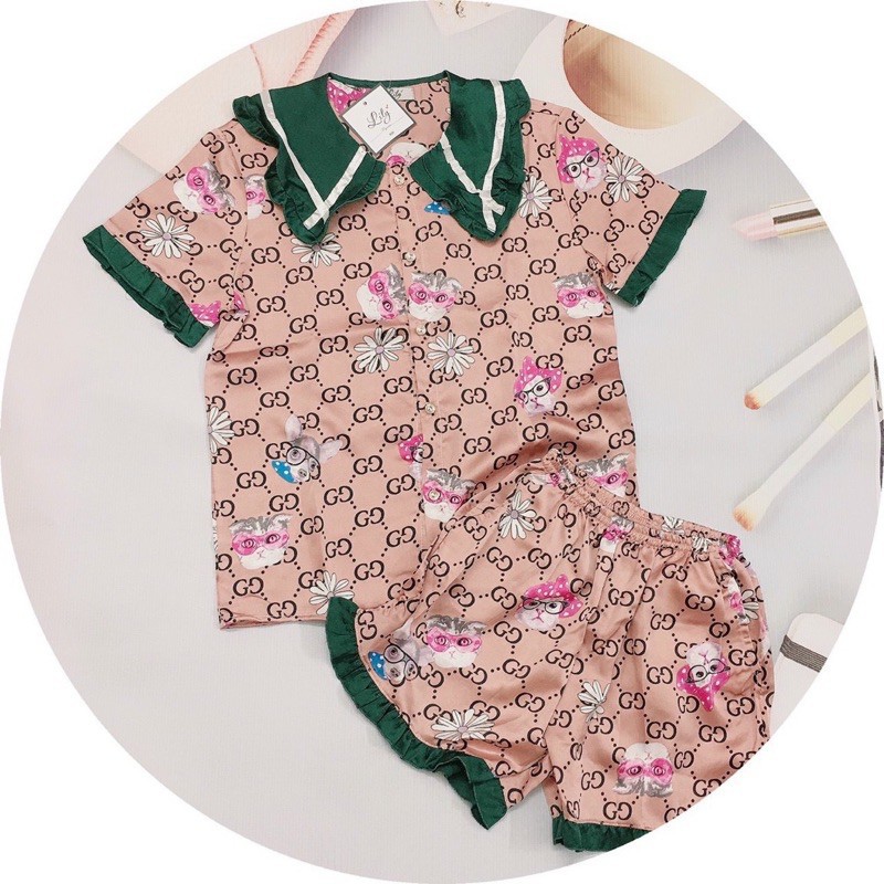 Đồ bộ nữ pijama lụa pijama quần đùi họa tiết phối bèo dễ thương VIZUKA
