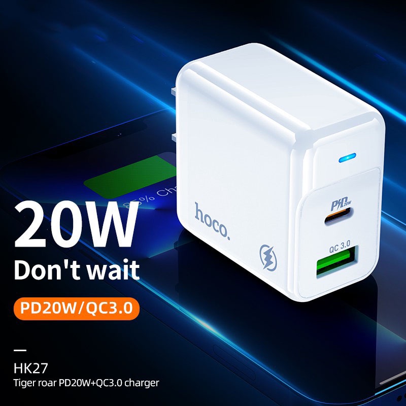 Củ Sạc Nhanh PD20W Hoco 2 Cổng Sạc Hỗ Trợ Sạc Nhanh PD 20W / 18W QC 3.0  Có Đèn LED Cao Cấp