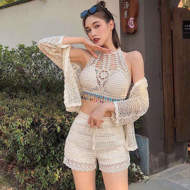 Áo bra đan móc kiểu tua rua ngọc màu sắc (có mút ngực)