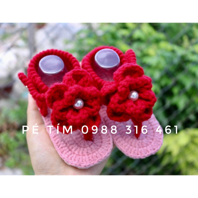 Giày len handmade/ giày sandal hoa hồng đỏ