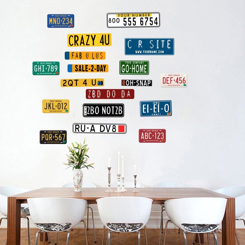 Decal dán trang trí tường 3D biển số xe phong cách hiện đại - decan trang trí cà phê, dán trà sữa, dán baber shop