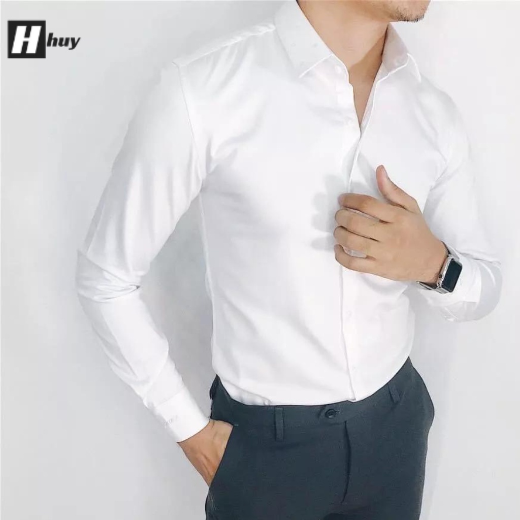 Áo sơ mi nam trơn dài tay đẹp, vải kate, form regular 2 màu cơ bản - trắng, đen