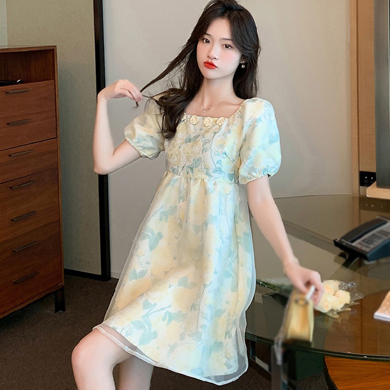 Đầm Tay Ngắn Cổ Vuông Phối Lưới In Họa Tiết Dễ Thương Thời Trang Mùa Hè Cho Nữ