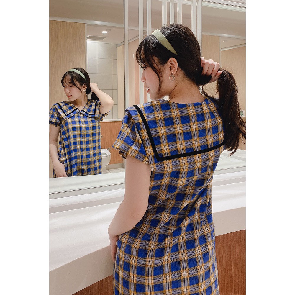 Đầm váy nữ 92WEAR đủ màu, đủ size, dáng suông ngắn tay kẻ caro viền lá cổ DXW0235 | BigBuy360 - bigbuy360.vn