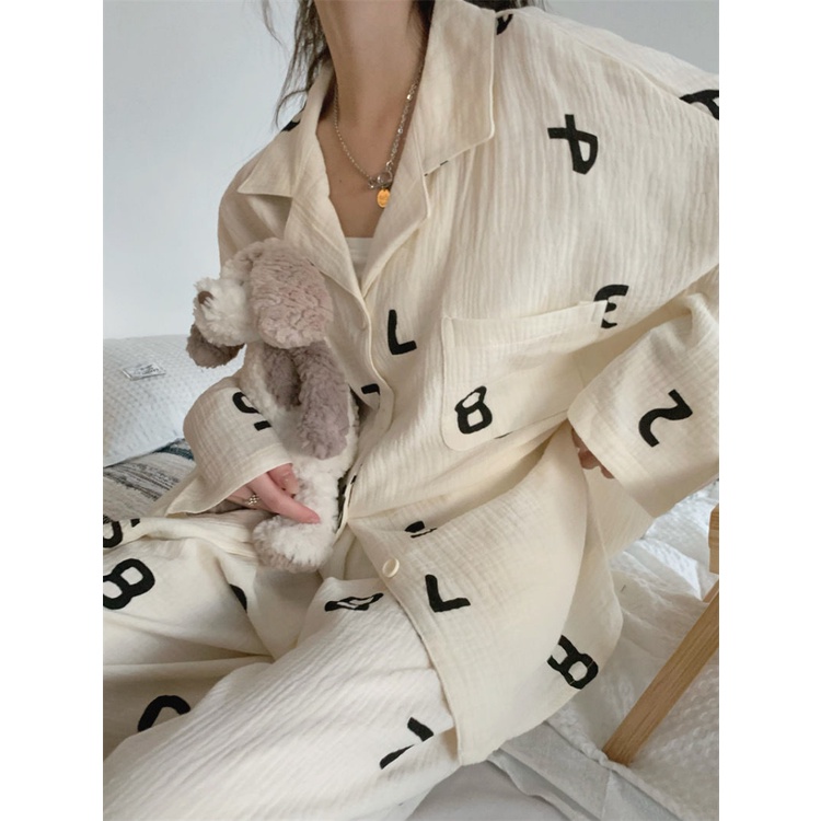 Bộ Đồ Ngủ Dài Tay In Chữ Thiết Kế Mới Thời Trang Dành Cho Mùa Xuân Thu