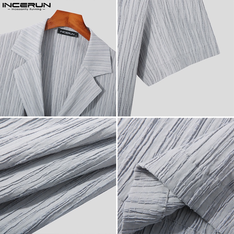 Set áo ngắn tay + quần ngắn INCERUN màu trơn kẻ sọc thời trang cho nam