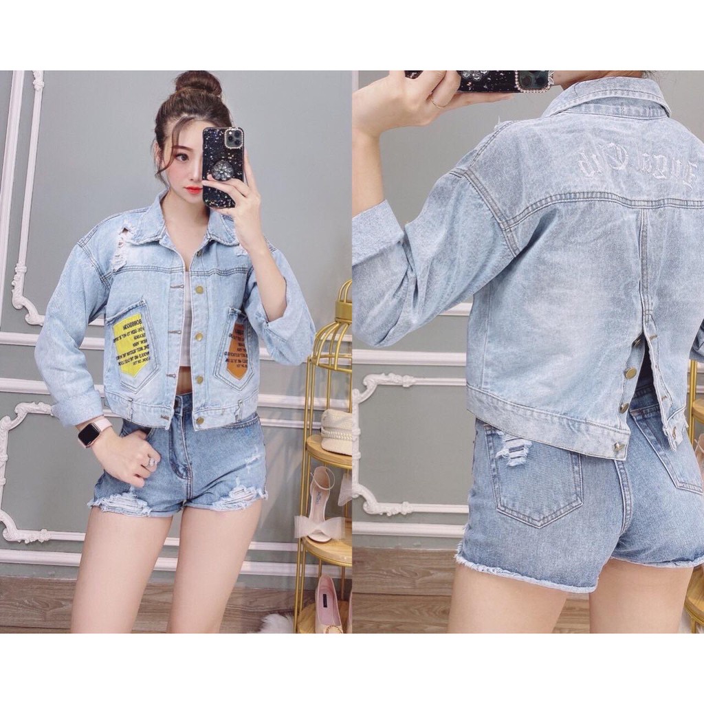 Áo Khoát Nữ Jeans Cao Cấp Nữ Túi Phối Da Thêu Chữ cực Thời Trang Siêu Hot