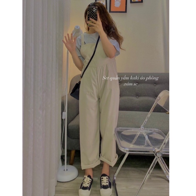 Sét Quần yếm kaki kèm áo thun nữFREESHIP  Bộ đồ culottes phông form rộng tay lỡ bánh bèo cá tính năng động đẹp Ulzzang
