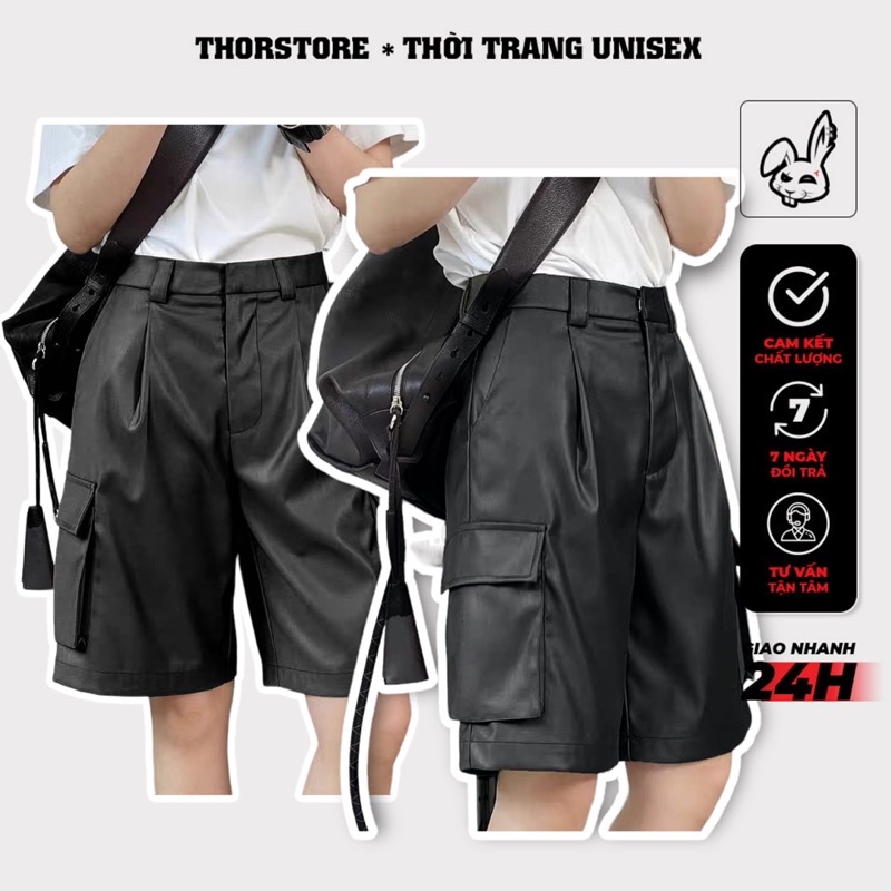 Quần short da unisex,thiết kế da túi hộp