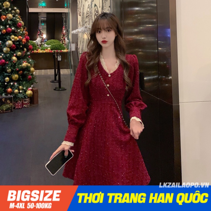 BIGSIZE nữ 45-100kg Váy Đầm dự tiệc thiết kế Chữ A Dày Dặn Màu Đỏ Phong Cách Giáng Sinh Cho Nữ
