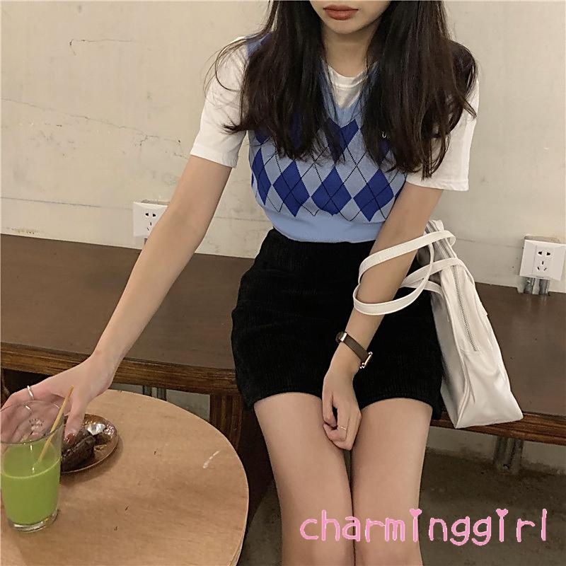 Áo dệt kim sát nách cổ chữ V in họa tiết hình thoi cổ điển thoáng khí thời trang cho nữ