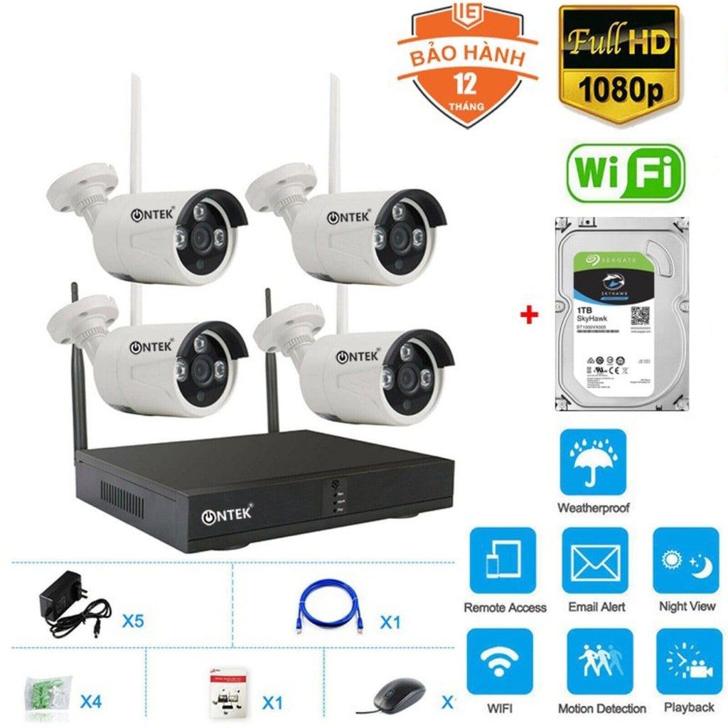 Bộ Camera Không dây KIT NVR OnTek SX400 FHD 1080P - 2.0MP, Kèm HDD (2TB/1TB/500GB/0GB) - Đủ phụ kiện lắp đặt 5.