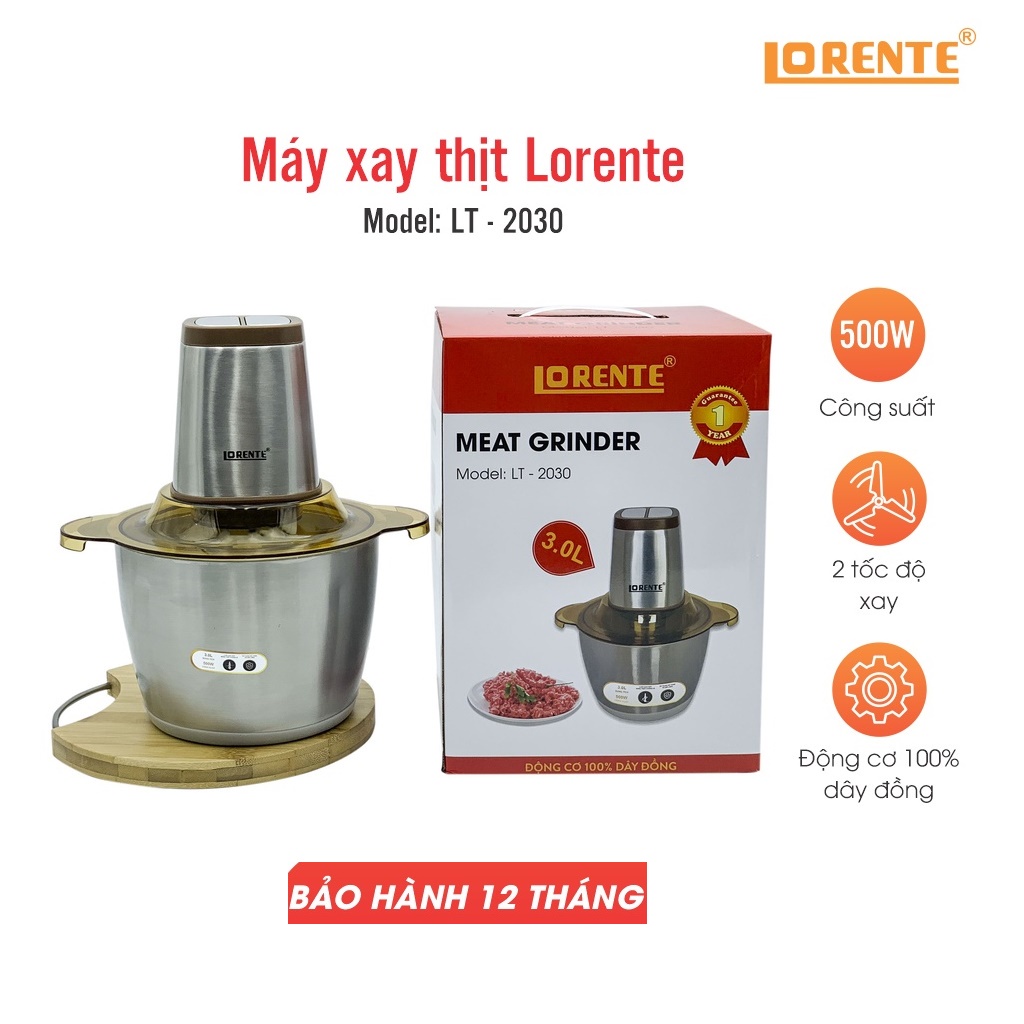 Máy xay thịt cá đa năng cối inox LORENTE dung tích 1.8L-3.0L ( chọn phân loại), động cơ dây đồng