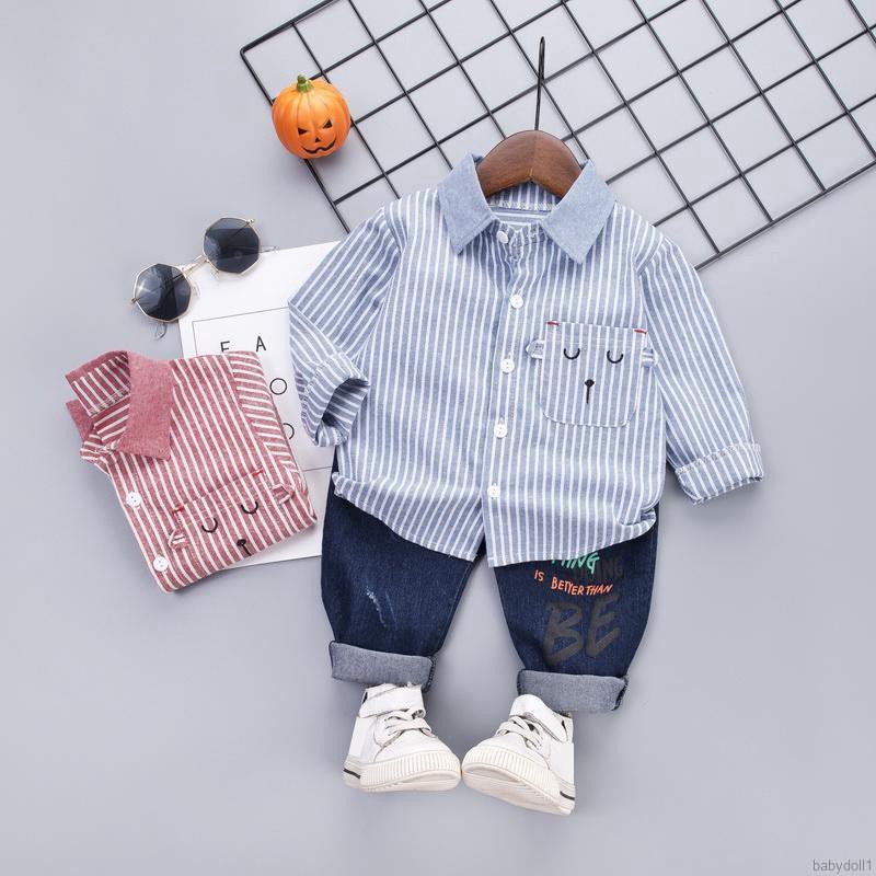 Set áo sơ mi kẻ sọc phối quần jeans đáng yêu cho bé trai