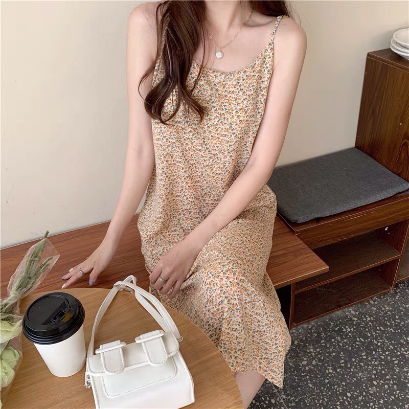 Đầm hoa nhí hai dây dáng suông vintage đi chơi đi biển có điều chỉnh dây ALALA