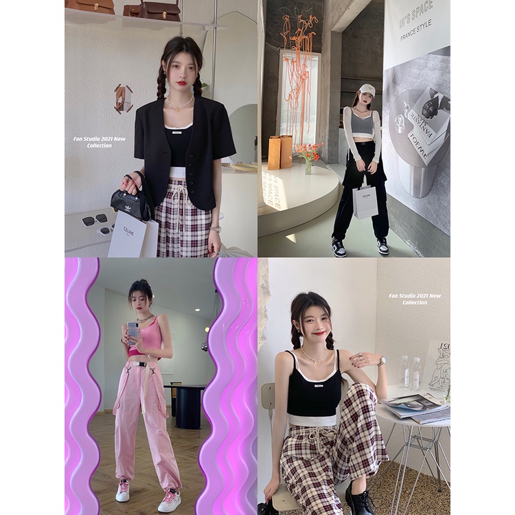 【ZHELIHANGFEI】Áo Dệt Kim Sát Nách Lưng Cao Giả Hai Lớp Cá Tính Thời Trang