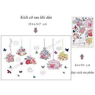 [HCM]DECAL DÁN TƯỜNG LỒNG CHIM HOA SẮC MÀU