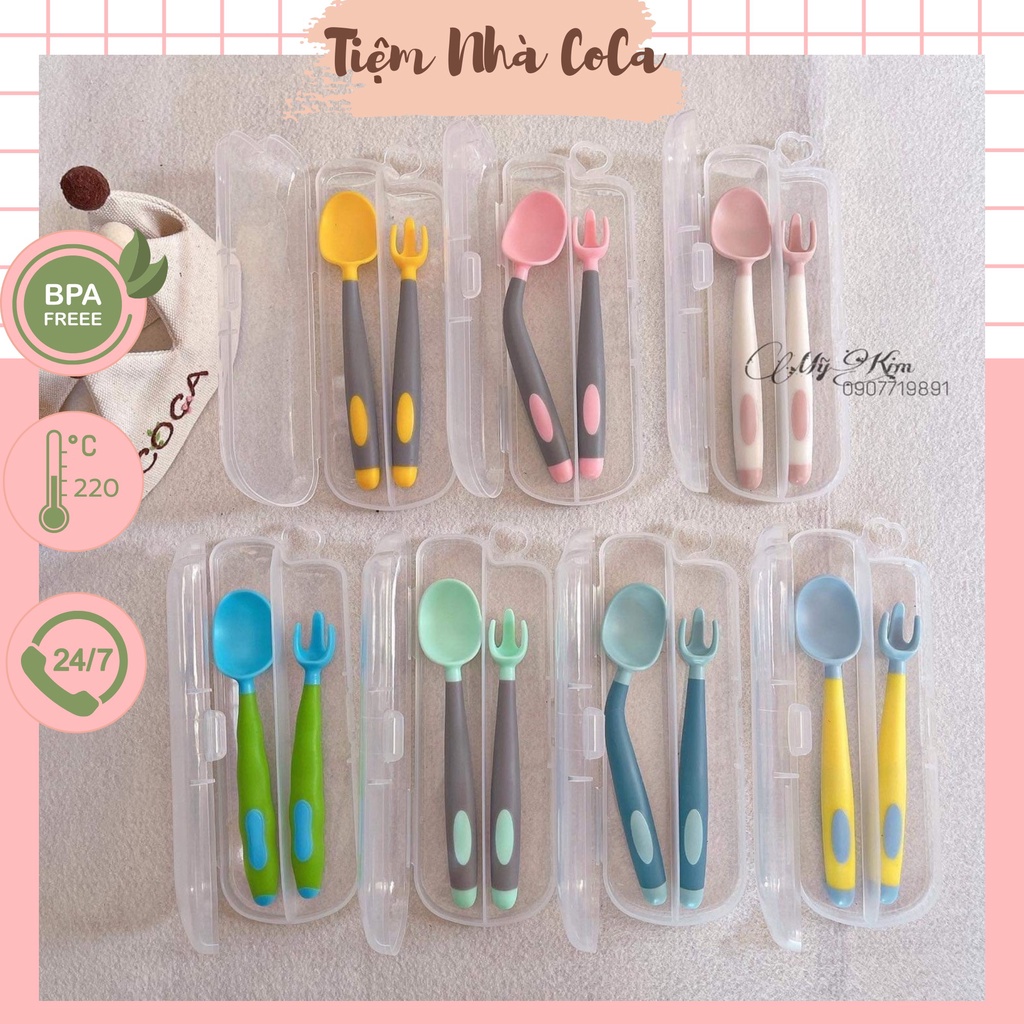 Set Thìa Nĩa Silicon Bẻ Cong Được Cho Bé Tập Xúc - Bé Ăn Dặm