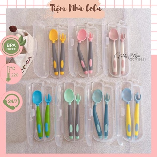 Set thìa nĩa silicon bẻ cong được cho bé tập xúc - bé ăn dặm
