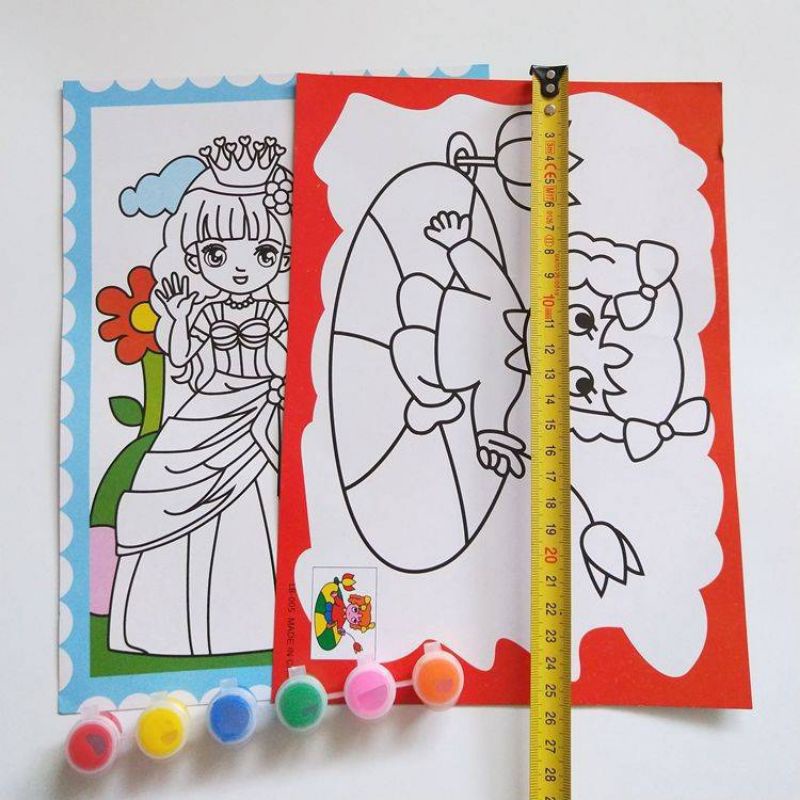 Tranh tô màu nước tô màu lên tranh mẫu sẵn cho bé tập vẽ mỹ thuật, gồm 5 tranh màu và cọ vẽ