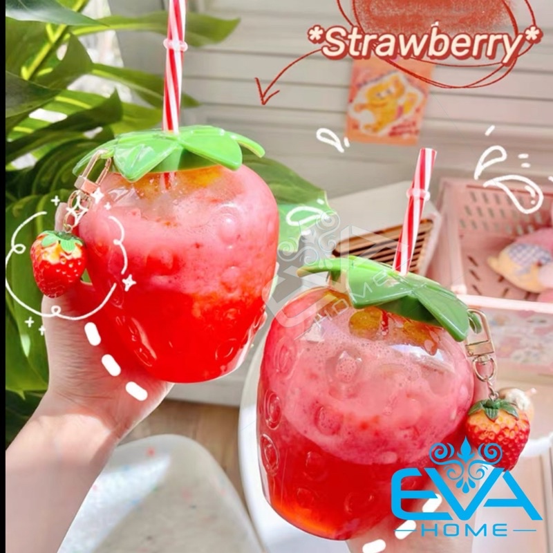 Combo 2 Bình Đựng Nước Đựng Nước Quả Dâu Tây 500ML Tặng Kèm Mốc Khóa Trái Dâu Và Ống Hút SP4744