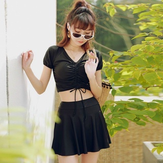 Bikini đồ bơi nữ đen tay ngắn dây rút ngực kèm váy xòe kín đáo - ts127