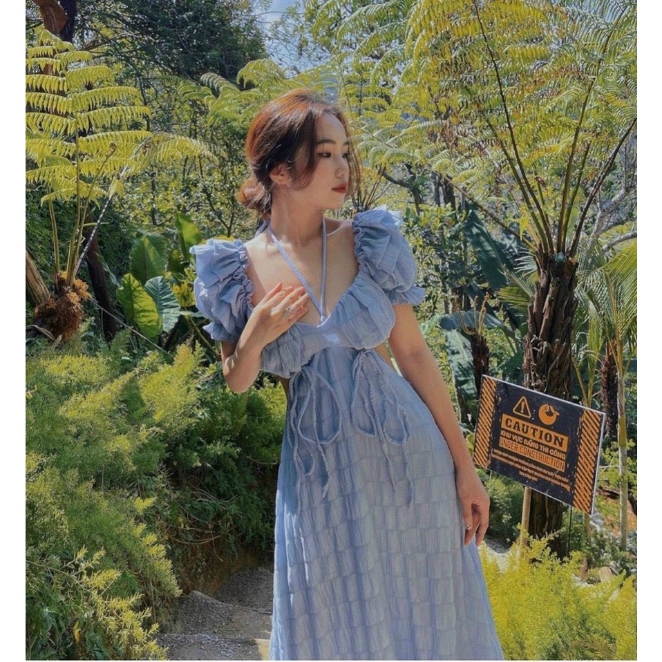 Đầm váy nữ Dáng Dài Maxi Họa Tiết Ống Tay Phồng Sang Trọng  4 Màu Tôn da Thích Hợp Đi Biển