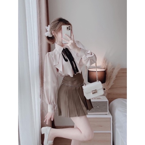Áo sơ mi tiểu thư phối dây nơ_888 mầu trắng, babydoll ulzzang mềm nội y xanh