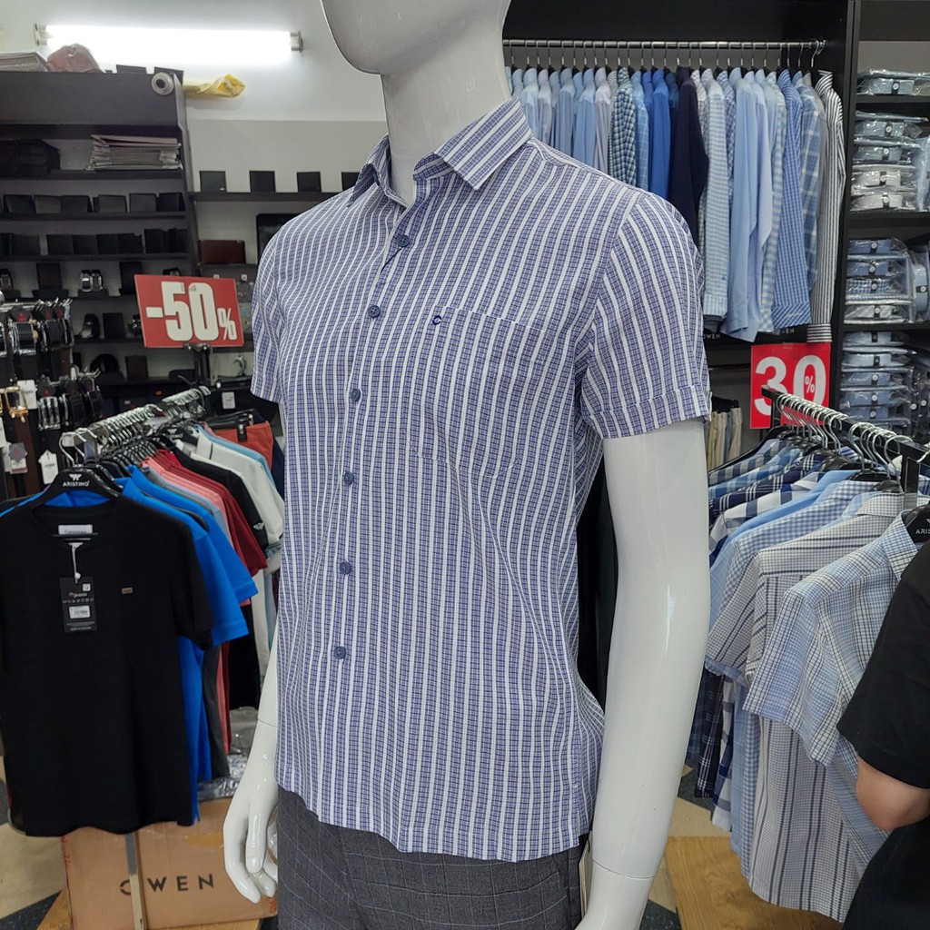 Áo Sơ Mi Nam Ngắn Tay Owen BA20642NT Somi Cộc Tay Công Sở Cao Cấp Màu Kẻ Caro Xanh Trắng Chất Cafe Dáng Body Fit Tà Bằng