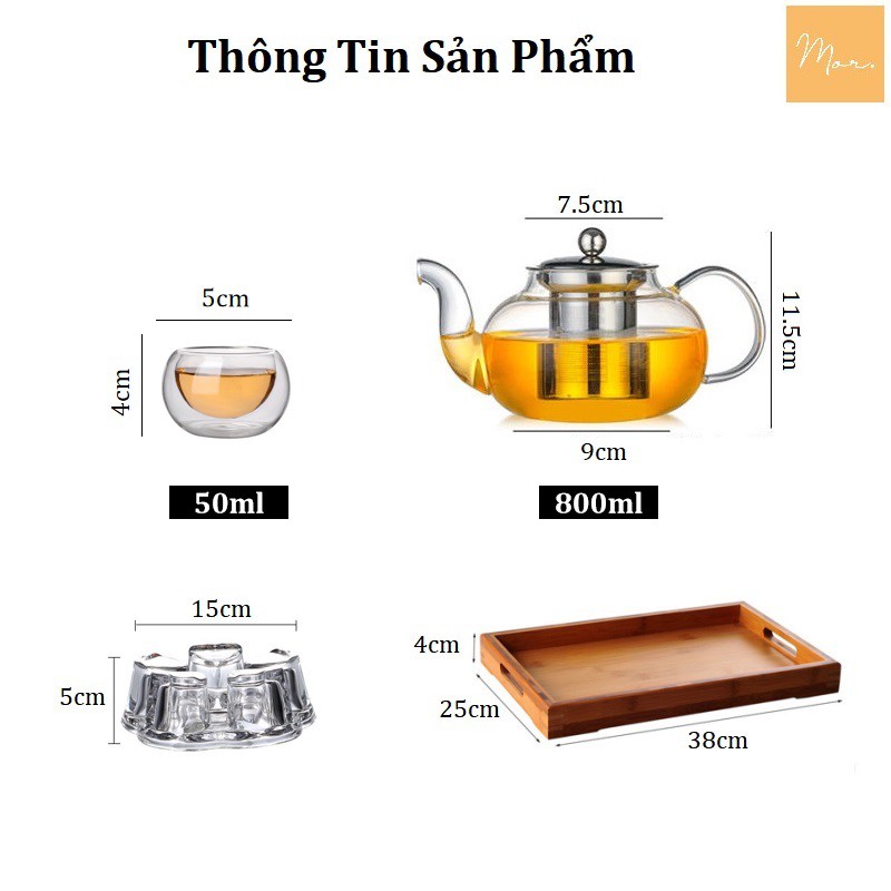 Bộ ấm trà thủy tinh chịu nhiệt - 800ml (lõi lọc inox - chén tròn)