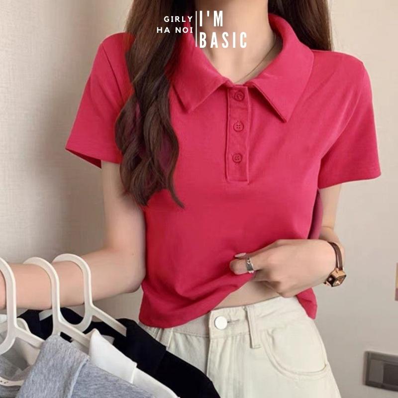 Áo croptop I'm Basic Girly nữ màu trắng cổ polo vải cotton co giãn thoáng mát croptop ngắn tay thun đẹp (APL02) | BigBuy360 - bigbuy360.vn