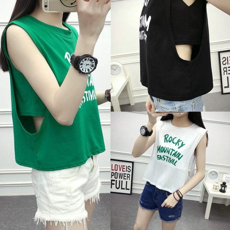 Áo Thun Không Tay Giả Hai Mảnh In Chữ Phong Cách Harajuku Mùa Hè Hàn Quốc Hàng Mới Dành Cho Bạn Nữ