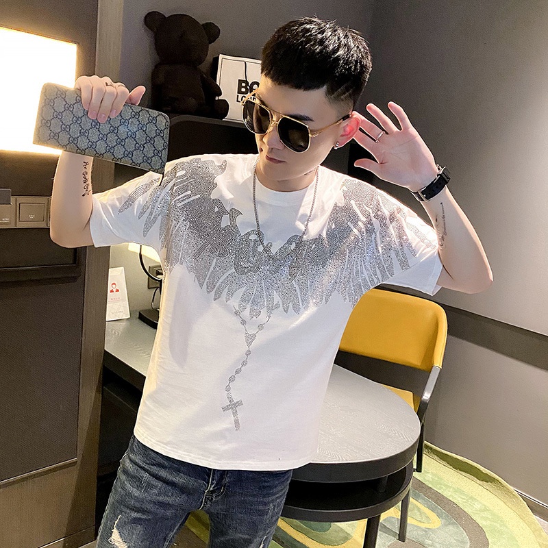 Moyi MOYI Áo Thun Nam Ngắn Tay Đính Đá Phong Cách Đường Phố Mùa Hè 6026