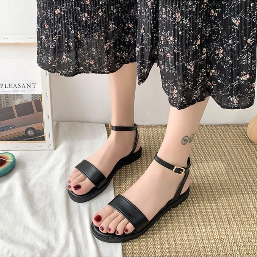 Sandal bệt nữ, Dép bệt nữ quai ngang bản vừa, 2 màu kem + đen - Hàng Quảng Châu