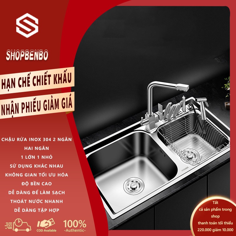 FU501 Chậu rửa chén bát, bồn rửa chén bát inox 304 không gỉ 2 ngăn có khe cắm dao, bồn rửa nhà bếp shopbenbo