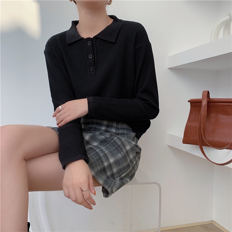 SUXI Áo Polo Dệt Kim Tay Dài Dáng Ôm Phong Cách Hàn Quốc Thời Trang Cho Nữ