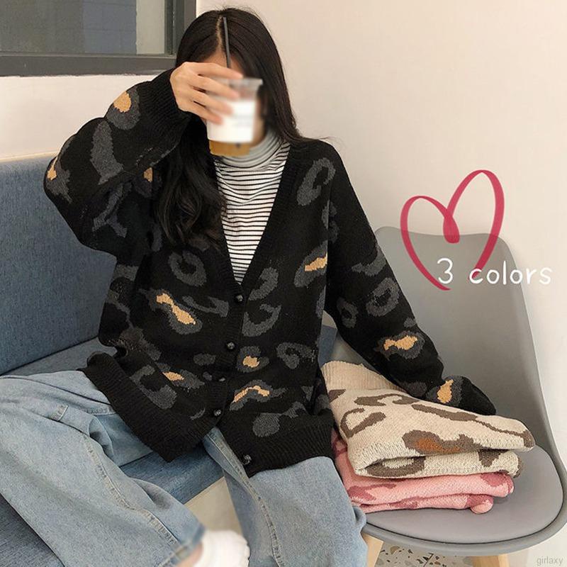 Áo Khoác Cardigan Dệt Kim Tay Dài Cổ Chữ V Hoạ Tiết Da Báo Phong Cách Hàn Quốc