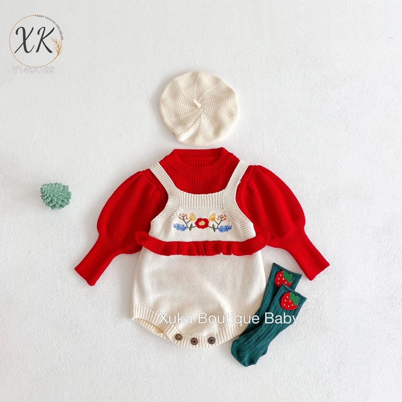 Set Bộ Áo Len và Yếm Len Cho Bé Màu Đỏ Cao Cấp Xuka Boutique Set Bộ Bé Gái - Quần Áo Len Bé Gái [Hình Thật]