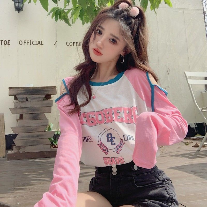 Jiashucheng Áo Thun Tay Dài Hở Vai Dáng Rộng Vừa Vặn Mùa Thu Phong Cách Hàn Quốc Cho Nữ