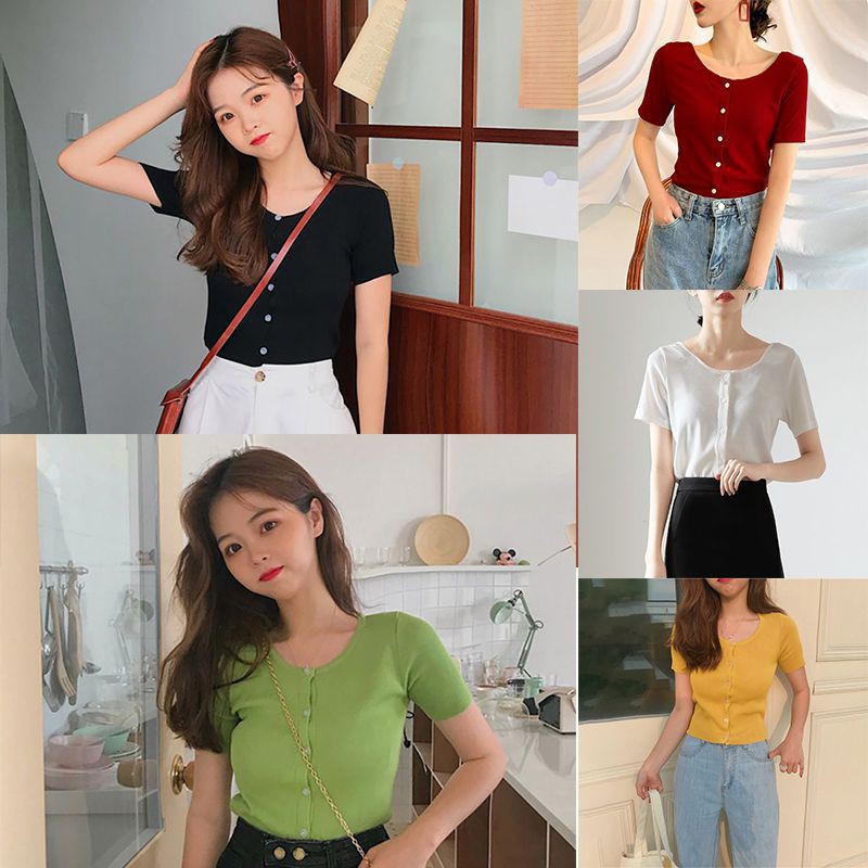 Áo thun dệt kim tay ngắn cổ vuông