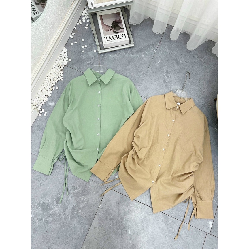 Áo sơ mi thô mềm rút dây form rộng, Áo kiểu dài tay cổ bẻ dáng rộng SM9022 - NhiNhi Shop