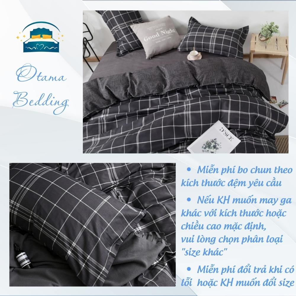 Bộ 4 món chăn ga gối đệm poly cotton họa tiết caro đen phong cách Hàn Quốc, drap giường ra nệm bo chun Otama Bedding