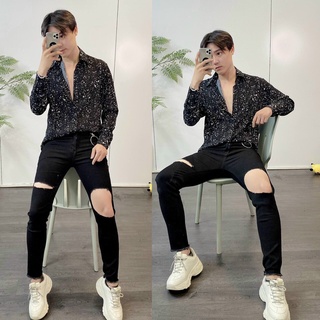 Quần jean nam 2 mẫu Đen,Xanh phối 2 sọc trắng Phong cách [ảnh thật]