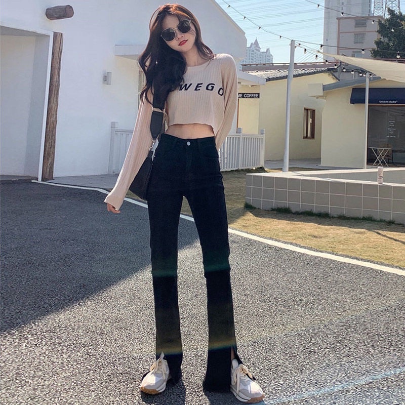 Quần bò jean siêu hách chân ống loe xẻ ống quần cạp cao hot tik tok