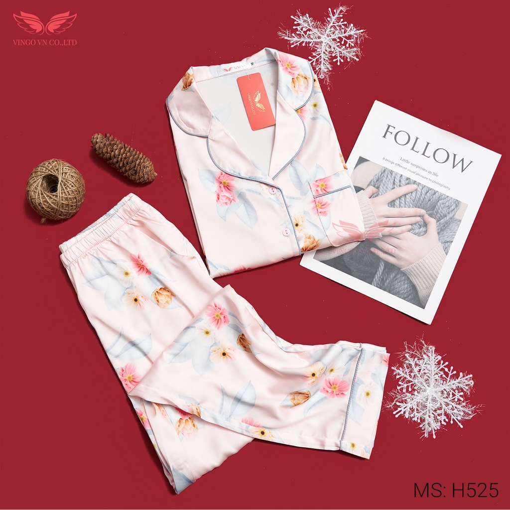 Đồ Bộ Nữ Pijama Mặc Nhà VINGO Chất Liệu Lụa Pháp Cao Cấp Tay Dài Quần Dài Họa Tiết Hoa Hồng Thanh Lịch H525 VNGO