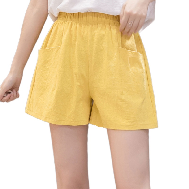 Quần Short Cotton Lanh Ống Rộng Lưng Cao Co Giãn Màu Trơn Có Túi Cho Nữ