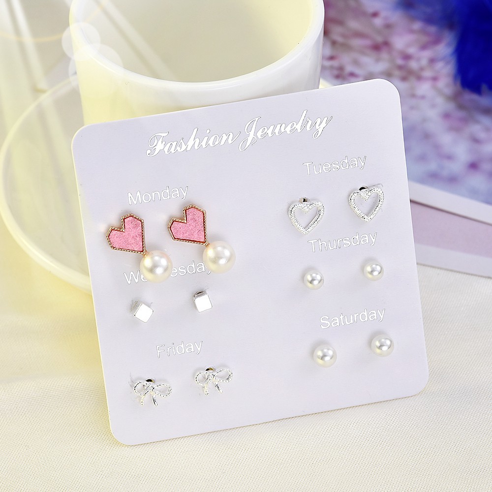 Set 6 đôi khuyên tai mini đính hạt giả ngọc trai hình dáng đa dạng