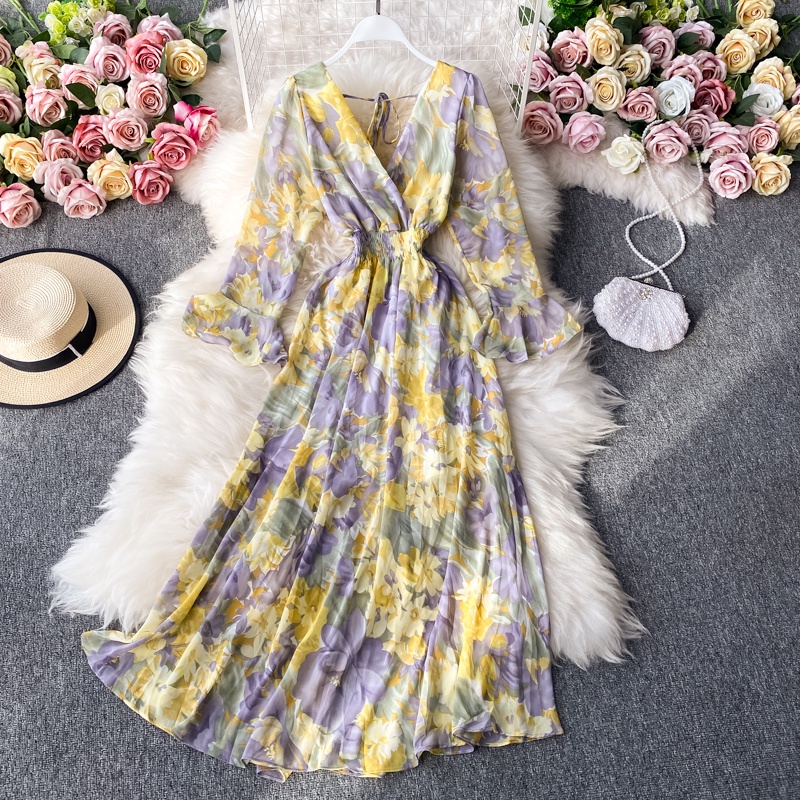 Đầm Maxi Eo Cao Cổ Chữ V Tay Loe In Họa Tiết Hoa Phong Cách Hàn Quốc Dành Cho Nữ