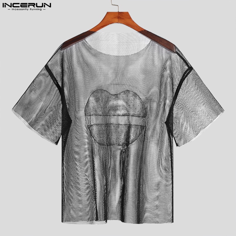 Áo thun INCERUN ngắn tay phối ren xuyên thấu họa tiết đôi môi quyến rũ cho nam